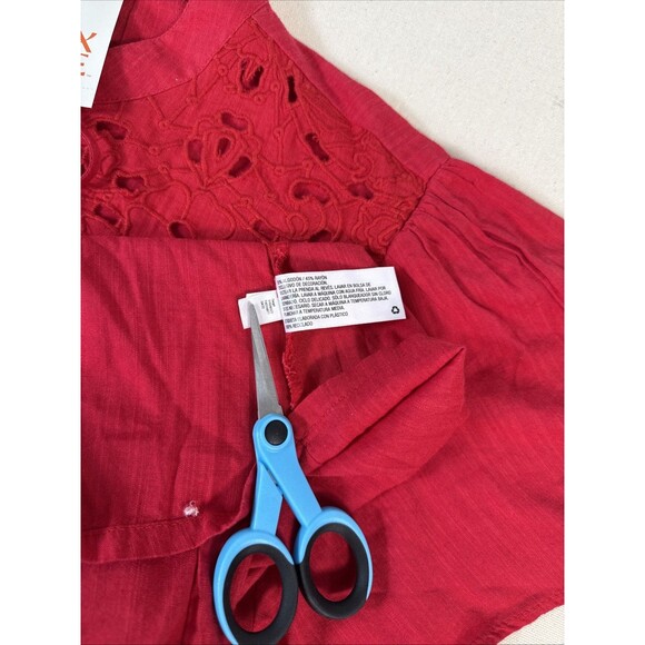 Knox Rose Red Eyelet Boho Tassel Blouse Size Large Flutter Short Sleeve - Picture 11 of 11
